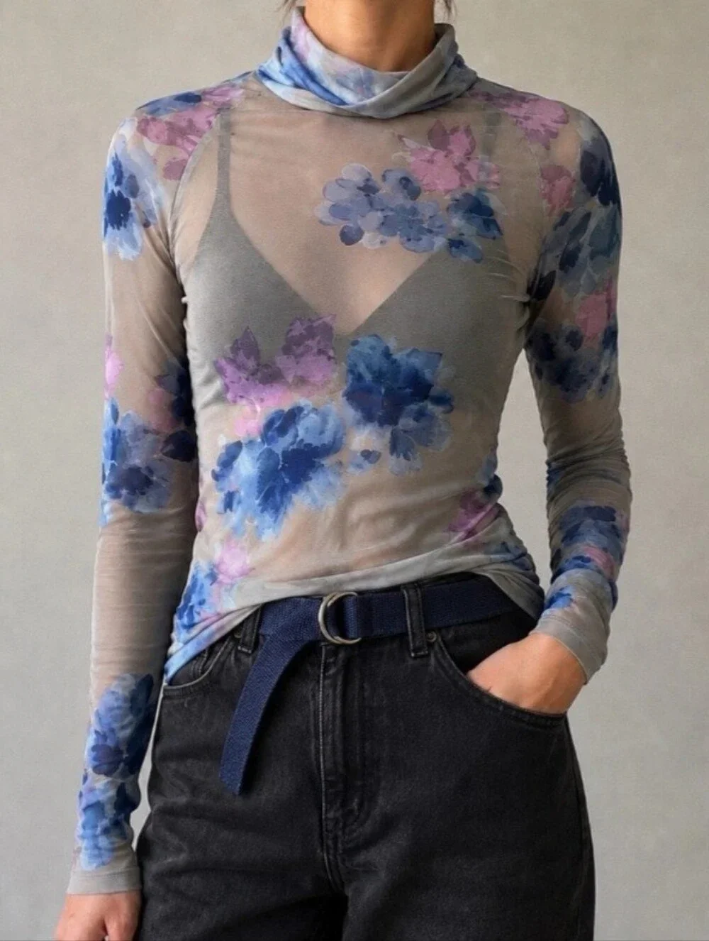 Free People Gray Floral Long Sleeve Mesh Mock Neck Top Size Medium NEW NWT